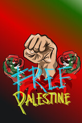 free palestine, three fists raised upwards with a gradient background of green, red black and white