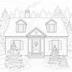Brick house with snow on the roof, yard, hanging Christmas wreath on door, fir trees with garland, forest, sky, smoke. Winter illustration on a white isolated background. For coloring book pages.