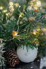 Christmas white ball on a festive tree. Bokeh and blurred background. Shallow depth of field.