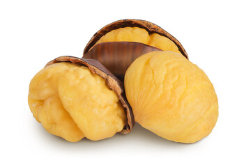 roasted peeled chestnut isolated on white background wit full depth of field.