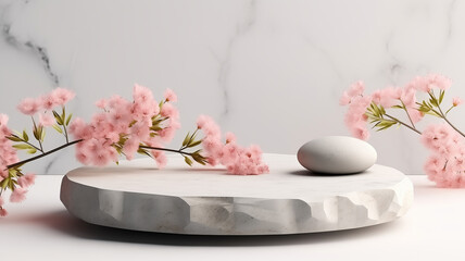 Stone podium with pink flowers on white background