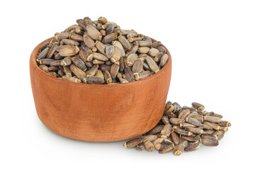 Seeds of a milk thistle or Silybum marianum, Scotch Thistle, Marian thistle in wooden bowl isolated on white background