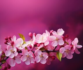 a beautiful cherry twig on a purple background, all in bloom. a place for a congratulatory text.