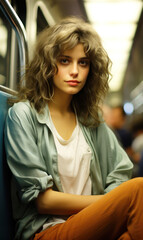 A girl on a train or on a bus. Public transport