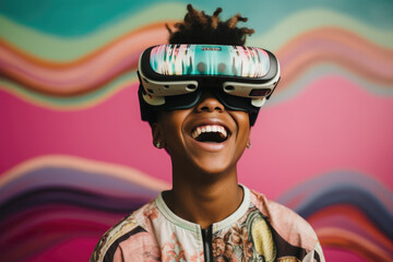 Portrait of an amazed African alpha generation boy wearing VR goggles on a linear rainbow background.