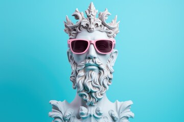 Creative bust of the god Poseidon wearing pink sunglasses on a blue background.