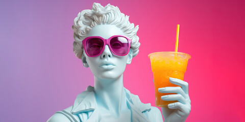 Blue sculpture of a lady wearing pink sunglasses with a yellow drink in her hand with a straw on a purple and pink background.