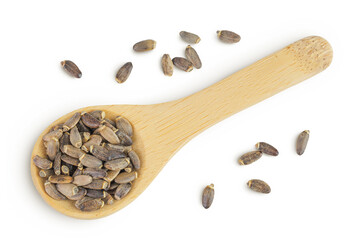 Seeds of a milk thistle or Silybum marianum, Scotch Thistle, Marian thistle in wooden bowl isolated on white background. Top view. Flat lay