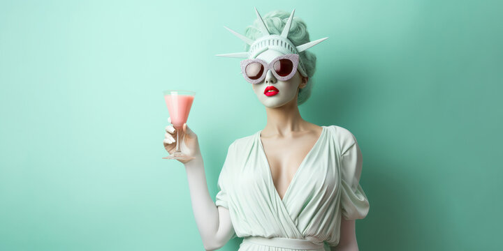Summer portrait of a lady in the image of the statue of liberty wearing glamorous sunglasses with a cocktail glass in hand on blue negative space.