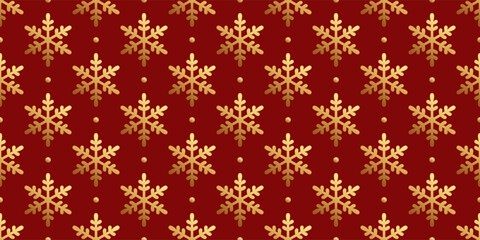 Winter's Bright Seamless Pattern of Golden Snowflakes on Red Backdrop.