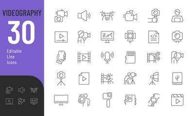 Videography Line Editable Icons set. Vector illustration in thin line modern style of movie related icons: gadgets for video shooting and playback, video formats, web camera and more.