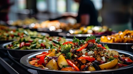 Catering buffet colorful fruits and vegetables food in indoor restaurant setting close up