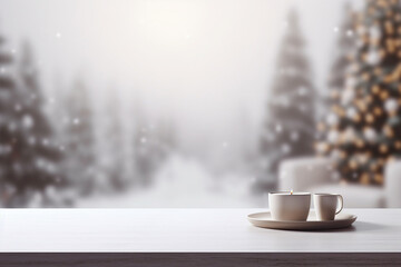 Obraz na płótnie Canvas Festive Table Setting with Blurry Christmas Tree Background