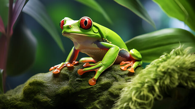 green tree frog in the rainforest, macro photography