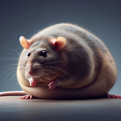 A fat rat sitting on its hind legs on a gray background, looking to the left.