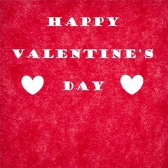 Happy Valentine's Day graphic banner card. Red paper texture background, white text. Copy space for more placement of text.