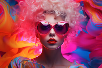 Obraz premium Futuristic abstract fashion portrait of a woman in front of a colorful fluorecent background