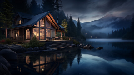 a wooden cabin on the shore of a lake in the mountains. The cabin is a modern design with a large...