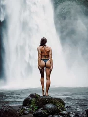 Poster Gorgeous young woman in bikini posing near waterfall in Bali. © artifirsov