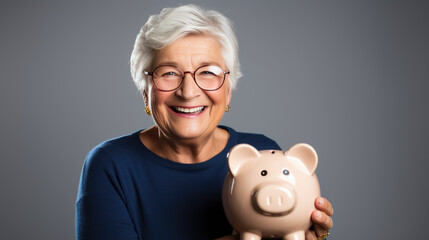 Cheerful senior woman holding a piggy bank, symbolizing savings and financial security in retirement.
