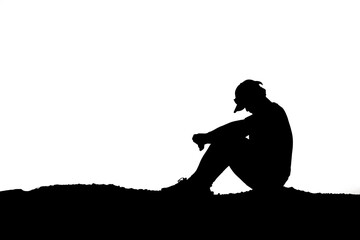 Lonely and hopeless heartbroken man silhouette on PNG transparent background.
