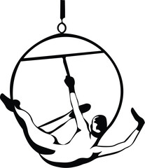 Cartoon Black and White Isolated Illustration Vector Of A Circus Performer laying on an Aerial Hoop