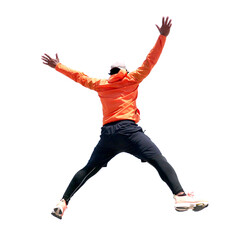 happy person jumping on transparent background PNG for use in decorating projects.