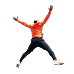 Poster happy person jumping on transparent background PNG for use in decorating projects. © I LOVE PNG