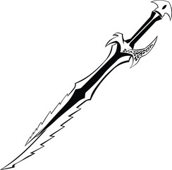 Cartoon Black and White Isolated Illustration Vector Of A Decorated Long Sword	
