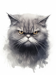 Fototapeta premium A Minimalist Line Art Illustration of an Angry Grey Cat, Set Against a White Background - Gloomy Moody Depiction