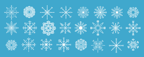 Set white snowflake crystal elegant line christmas decoration on blue background, collection winter ornament frozen element.