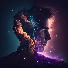 Double exposure surreal image of face and universe. Great for stories on dreams, imagination, intelligence, religion, philosophy and more. 