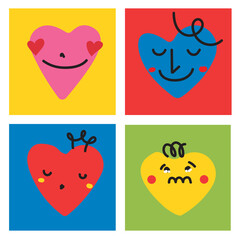 Groovy lovely hearts stickers. Love concept. Happy Valentines day. Funky happy heart character in trendy retro 60s 70s cartoon style. Vector illustration in bright colors.