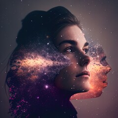 Double exposure surreal image of face and universe. Great for stories on dreams, imagination, intelligence, religion, philosophy and more. 