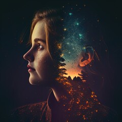 Double exposure surreal image of face and universe. Great for stories on dreams, imagination, intelligence, religion, philosophy and more. 