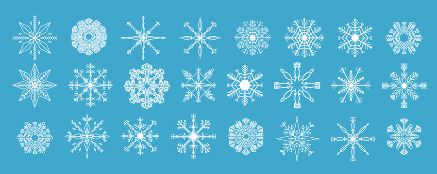 Set white snowflake crystal elegant line christmas decoration on blue background, collection winter ornament frozen element.