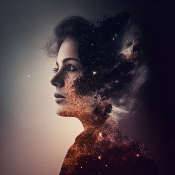 Double exposure surreal image of face and universe. Great for stories on dreams, imagination, intelligence, religion, philosophy and more. 
