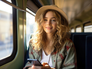A girl on a train or on a bus. Public transport