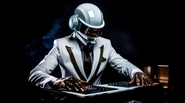 Man DJ in dark suit play music on a Dj's mixer. Studio shot. Dark blue  background Stock Photo | Adobe Stock