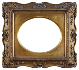 Gilded patterned frame of a painting in the Borroque style with an oval cutout in the center on a transparent background, in PNG format.