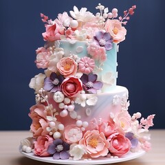 Images created by AI, cakes, desserts, bakeries decorated with beautiful flowers.
