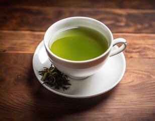 Green tea in white cup on a saucer with Chinese dried tea leaves on rustic wooden table in a countryside cafe or restaurant