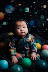 Fototapeta na wymiar Baby in space, spaceman. Dream, exploration concept. Newborn. AI generative