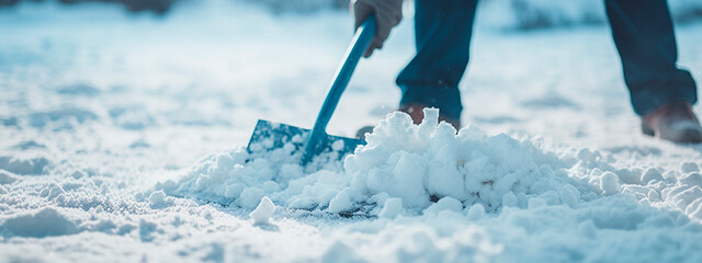 Man with snow shovel cleans sidewalks in winter. Winter time
