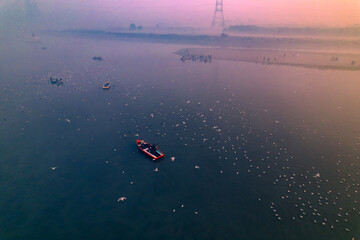 Fototapeta premium Scenic drone view of Yamuna Ghat, Aerial view of New Delhi, India