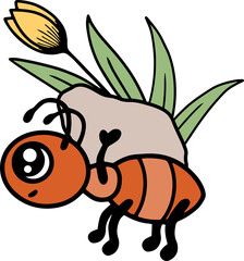 Ant with rock with tulip, spring work time. Cute cartoon character