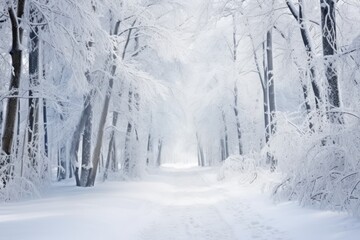 Automobile road through a winter forest covered with snow.