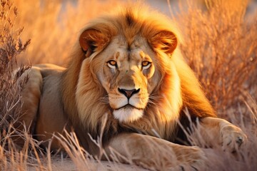 Big male African lion (Panthera leo) lying in the grass