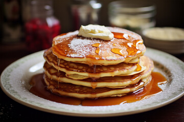 Frühstücksgenuss - Ein verlockendes Bild von goldbraunen Pancakes, das den köstlichen Charme eines perfekten Frühstücks einfängt