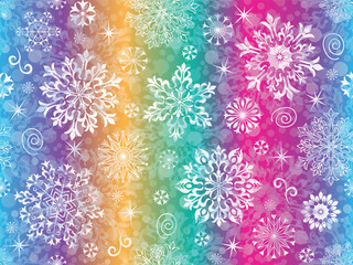 Fototapeta na wymiar Vector vivvid Christmas seamless pattern with vintage snowflakes on rainbow background with balls